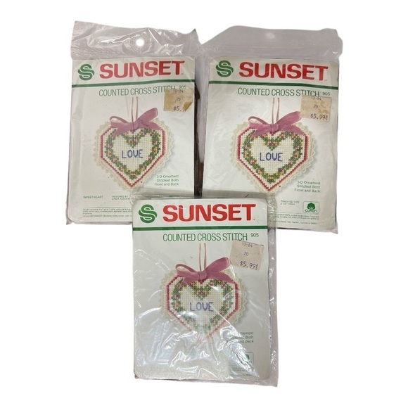 Sunset Designs "Love" Cross Stitch Christmas Ornament Kit Set of 3 NIP - Picture 1 of 3